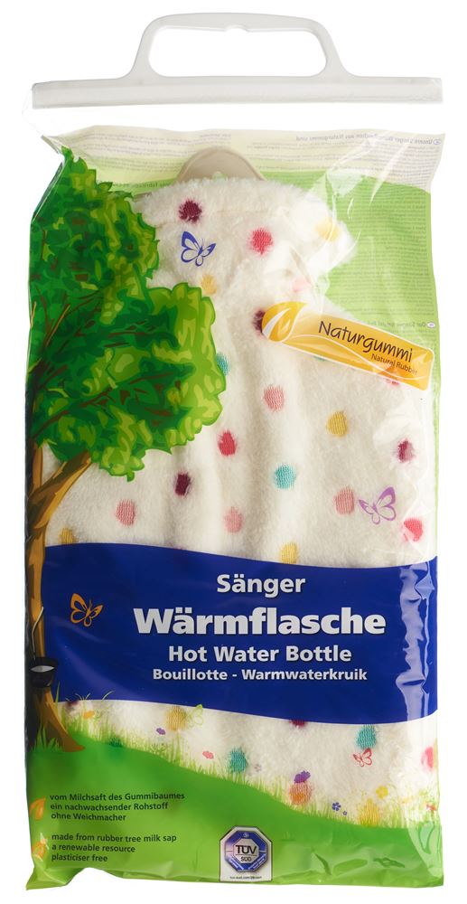 SAENGER Wärmflasche aus Naturkautschuk mit Plüschbezug<br>1 Stück, 2l, Punkte weiss