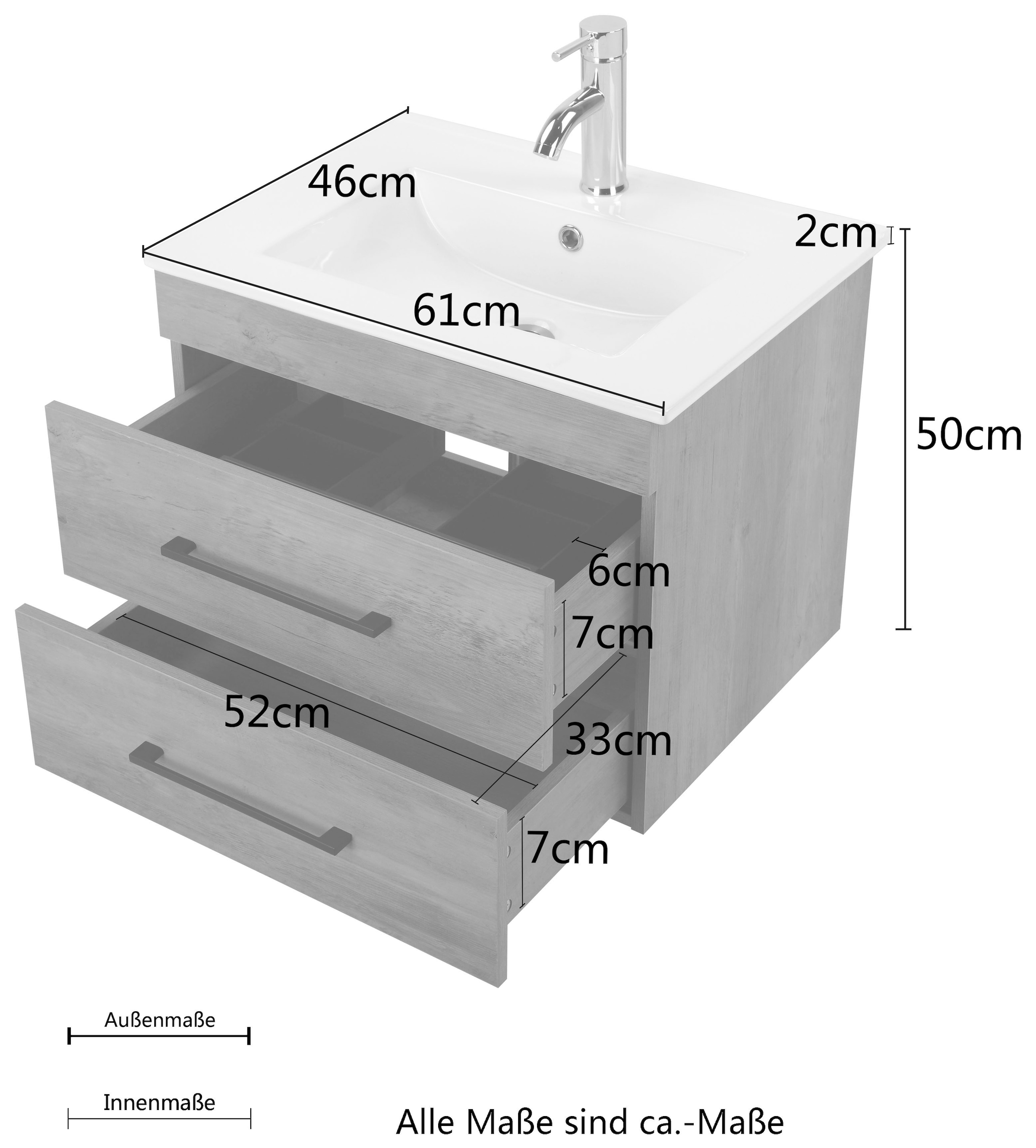 welltime Waschtisch »Florenz Badschrank Badmöbel inkl. Waschbecken« Komplett-Set,  Waschplatz mit 2 Auszügen und Softclose Breite 60cm