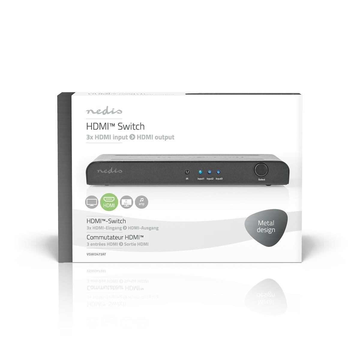 Nedis HDMI ™ Switch | 3-Port port(s) | 3x HDMI™ Inngang | 1x HDMI ™ -utgang | 4K@60Hz | 18 Gbps | Fjernstyrtkontrolert | Metall | Antrasitt