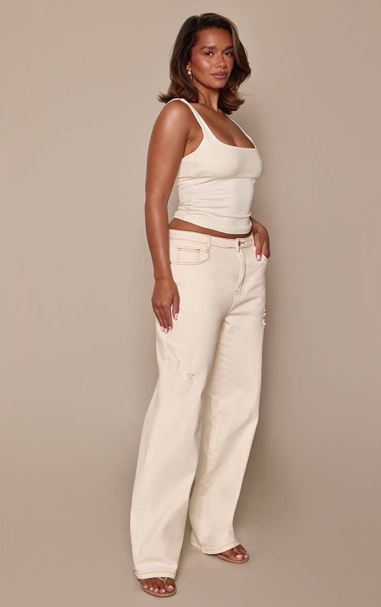 Ecru Jean Large À Jambes Évasées En Denim Délavé Extensible Sculptant
