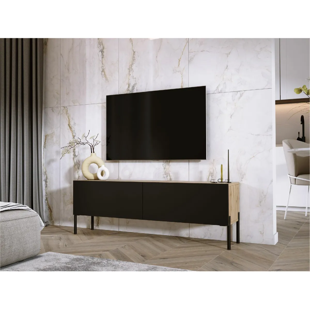 3xeliving Meuble TV - Chêne Wotan/Noir Mat 140 cm
