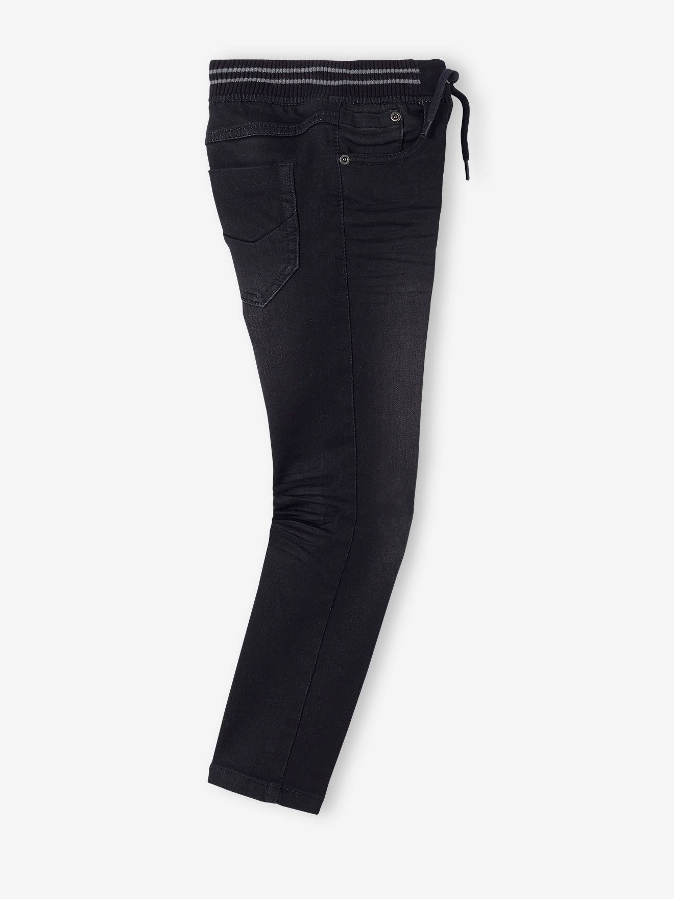 Calças de corte reto para meninos em fleece preto liso com efeito jeans.