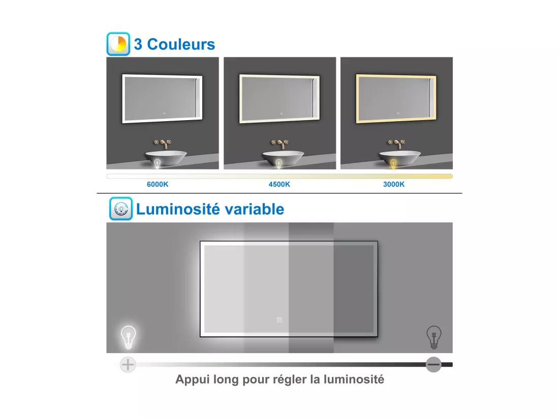 AICA Miroir lumineux 120x70 cm avec 3 couleurs + dimmable + anti-buée + mémoire, miroir salle de bain