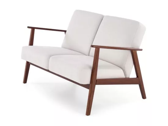 Canapé 2 places en tissu beige clair et pied en bois style retro Franky