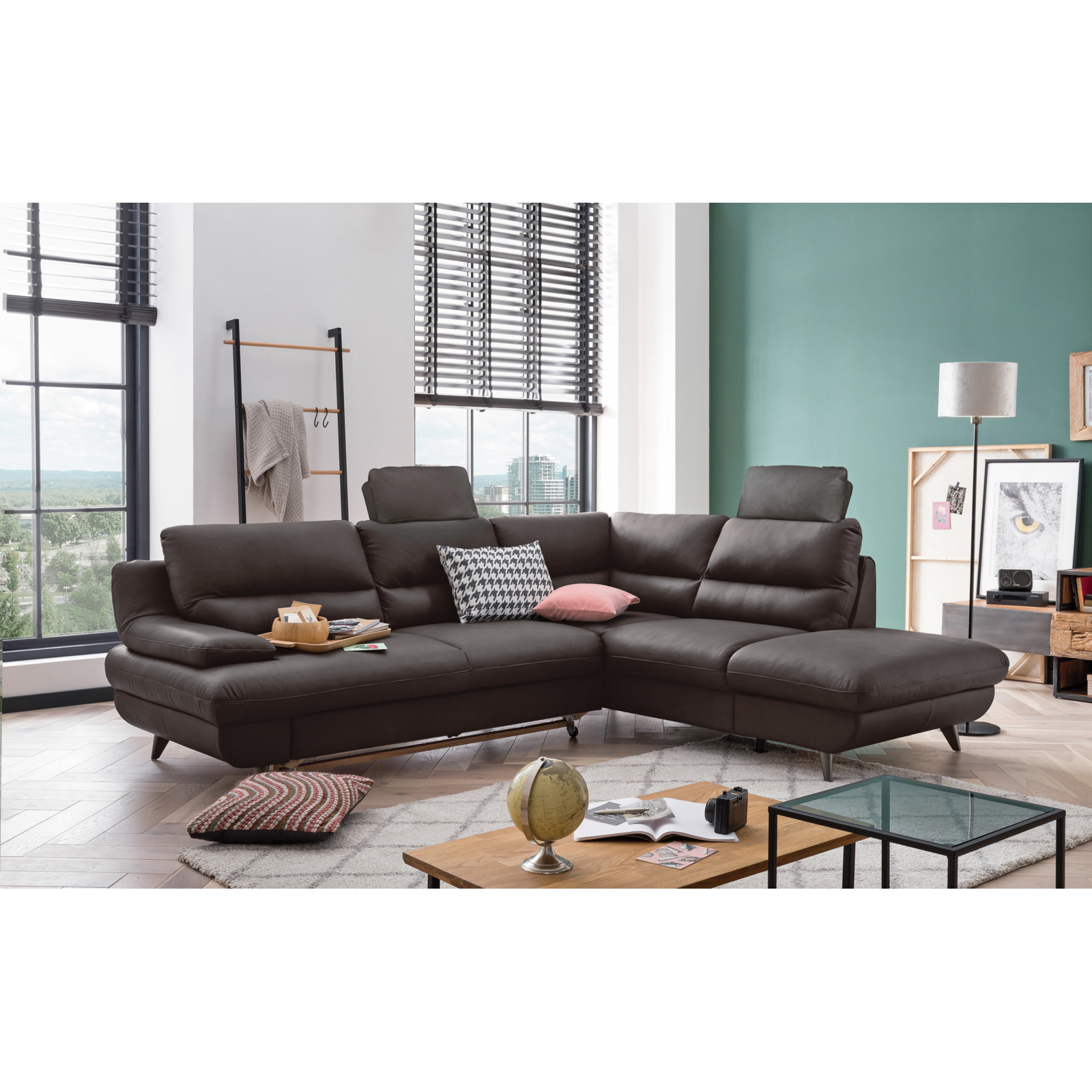 Ecksofa Pike Leder, Ottomane rechts dunkelbraun