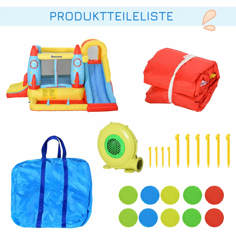Outsunny Kinderhüpfburg im Raketendesign inkl. Rutsche bunt