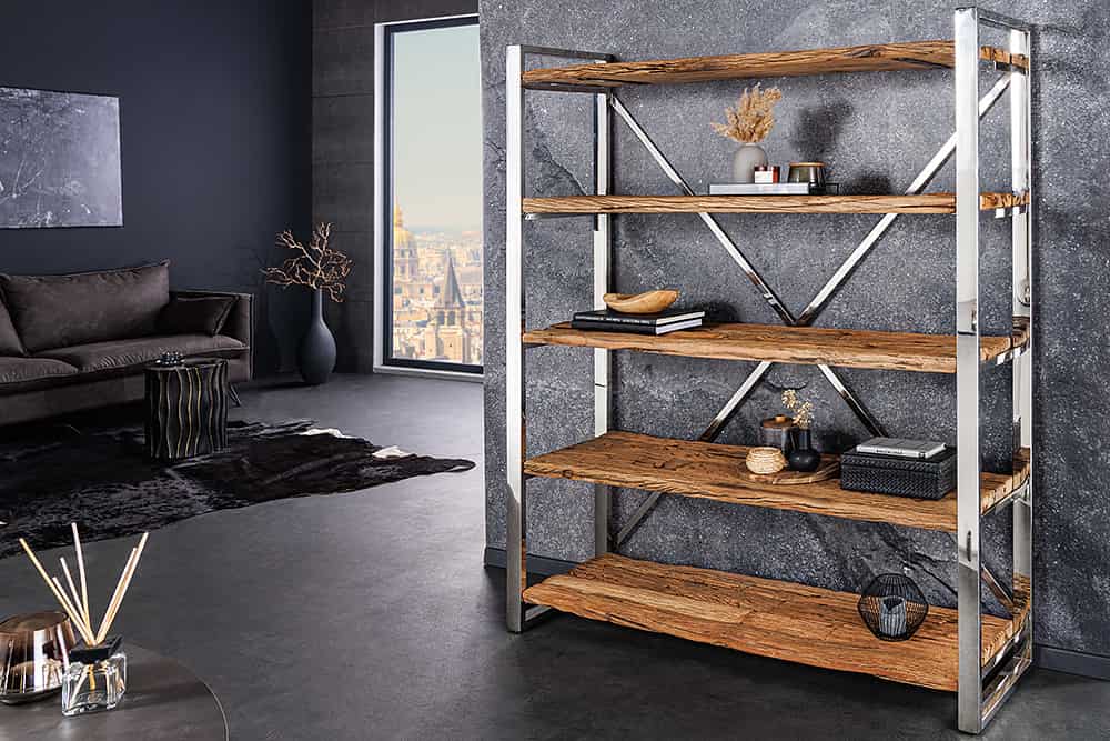 Massivholz Regal BARRACUDA 185cm braun Teakholz silber Edelstahl verchromt Bücherregal