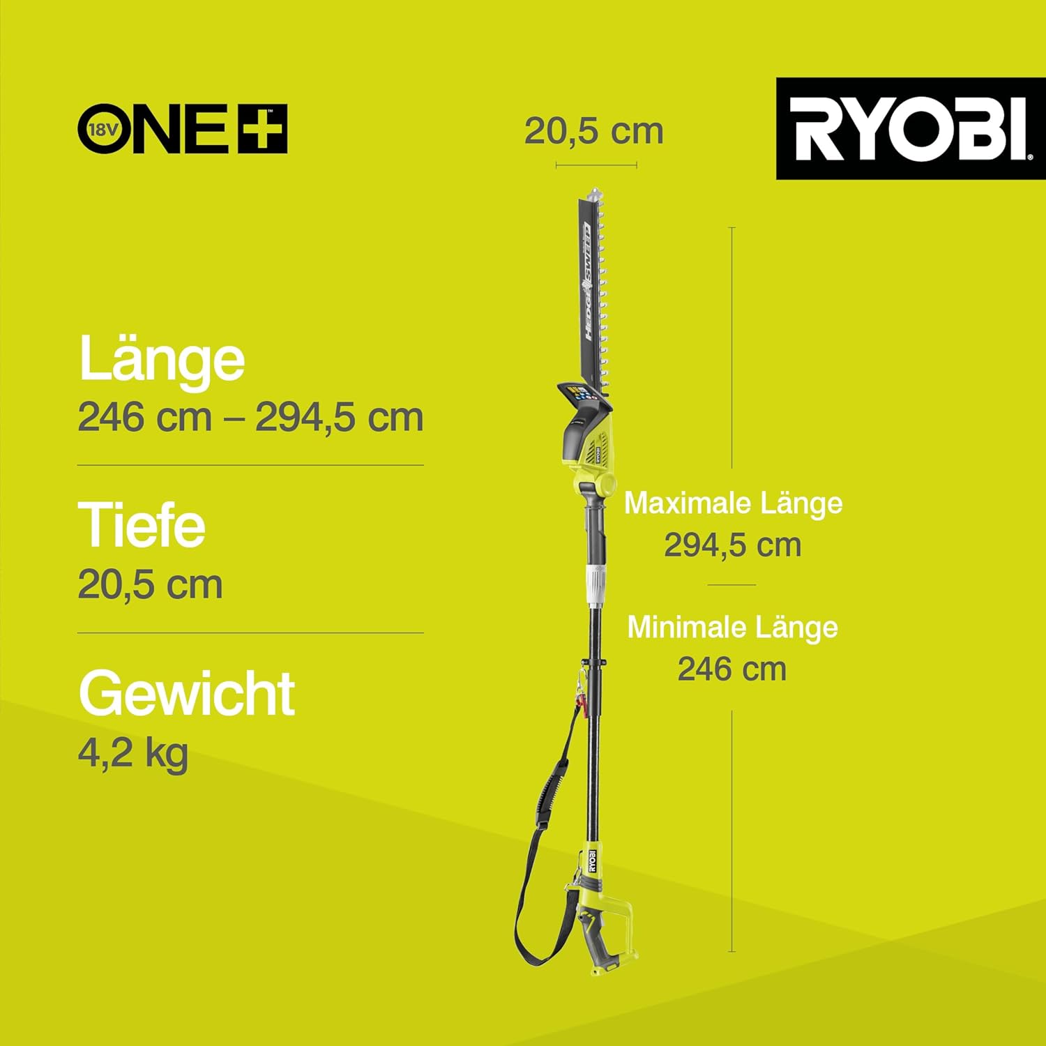 RYOBI 18V ONE+ Akku-Teleskop-Heckenschere OPT1845, 45 cm Diamant-Messer, 18 mm Schnittstärke, 135° Schneidkopf, ohne Akku und Ladegerät