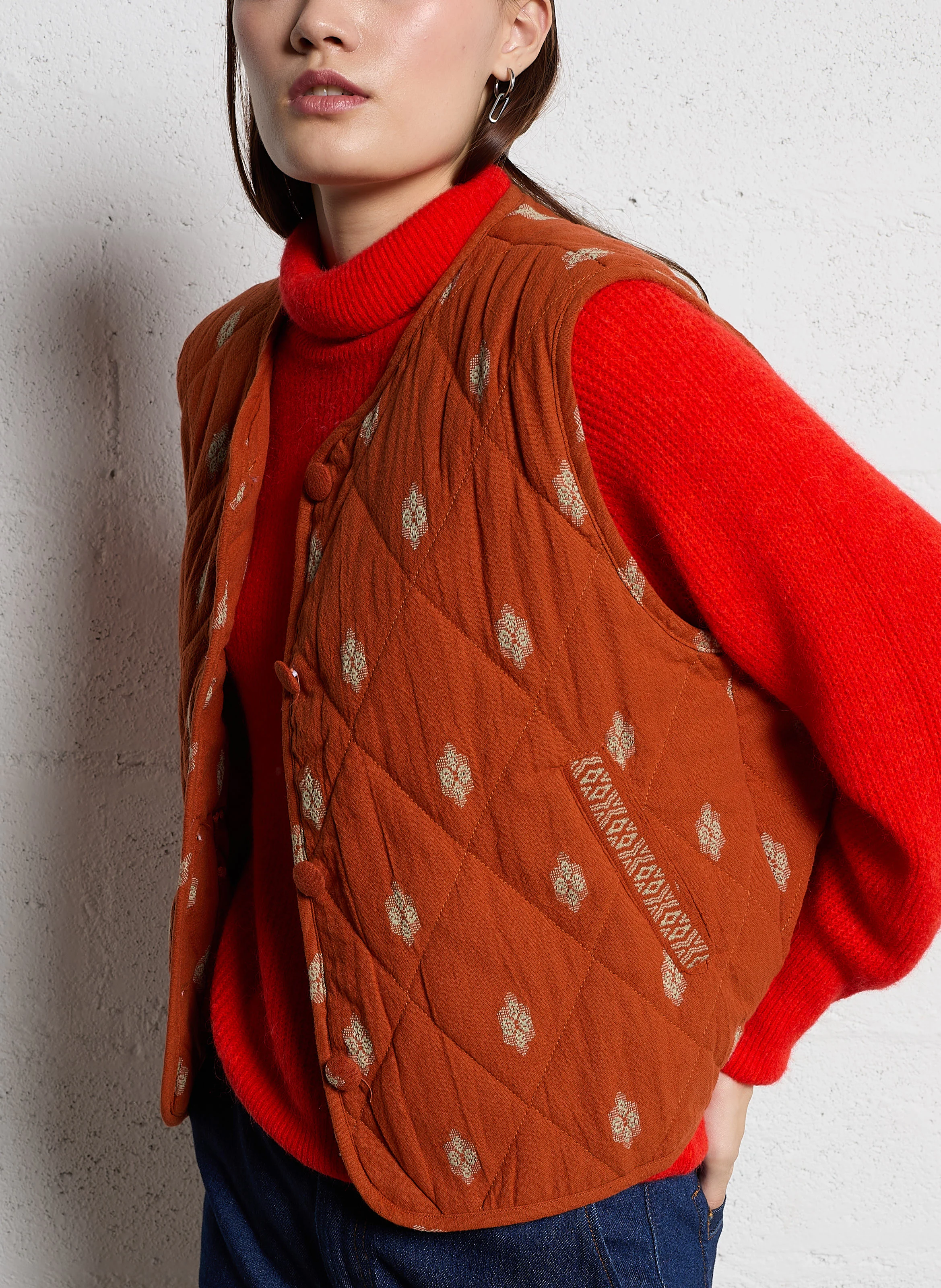 Gilet col rond en coton | Orange