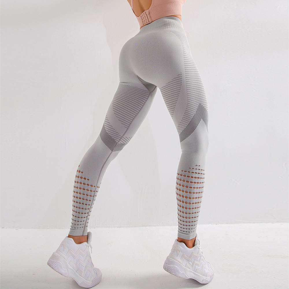 (Gr. M) Elastische Seamless Sport Push Up Leggings High Waist Shaping Stretch Hose - Grau