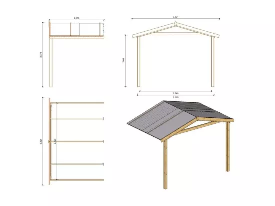 Abri de jardin en bois - 3x3 m + terrasse avec balustrade et avant-toit en bois - 15 m2 - Traité - DOM427+DOM146+DOM147+POD05 - ALTANKA