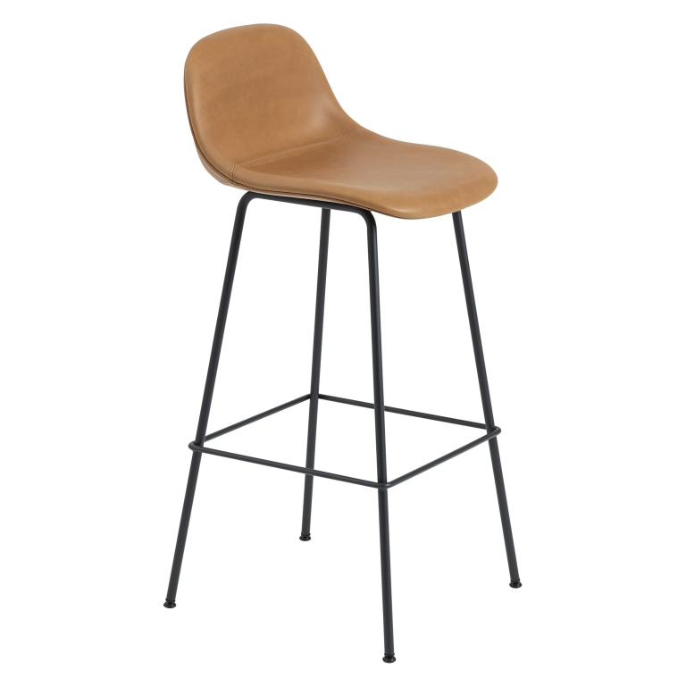 Muuto Fiber Backrest Tube gestoffeerde barkruk 75cm cognac leer