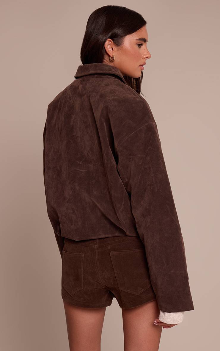 Marron Foncé Veste Courte Plissée En Daim Avec Fermeture Éclair