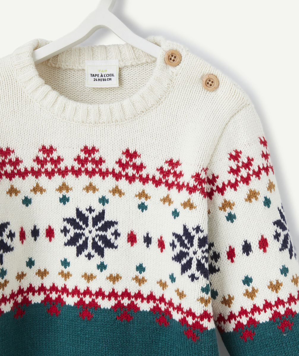 PULL DE NOËL EN TRICOT BÉBÉ GARÇON VERT ET ÉCRU AVEC DÉTAILS COLORÉS