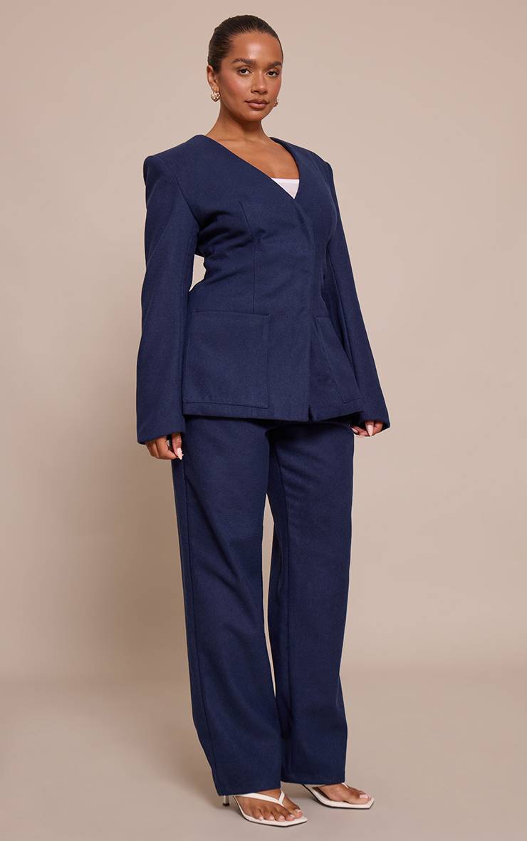 Bleu Marine Pantalon Large Effet Laine Coupe Sculptante