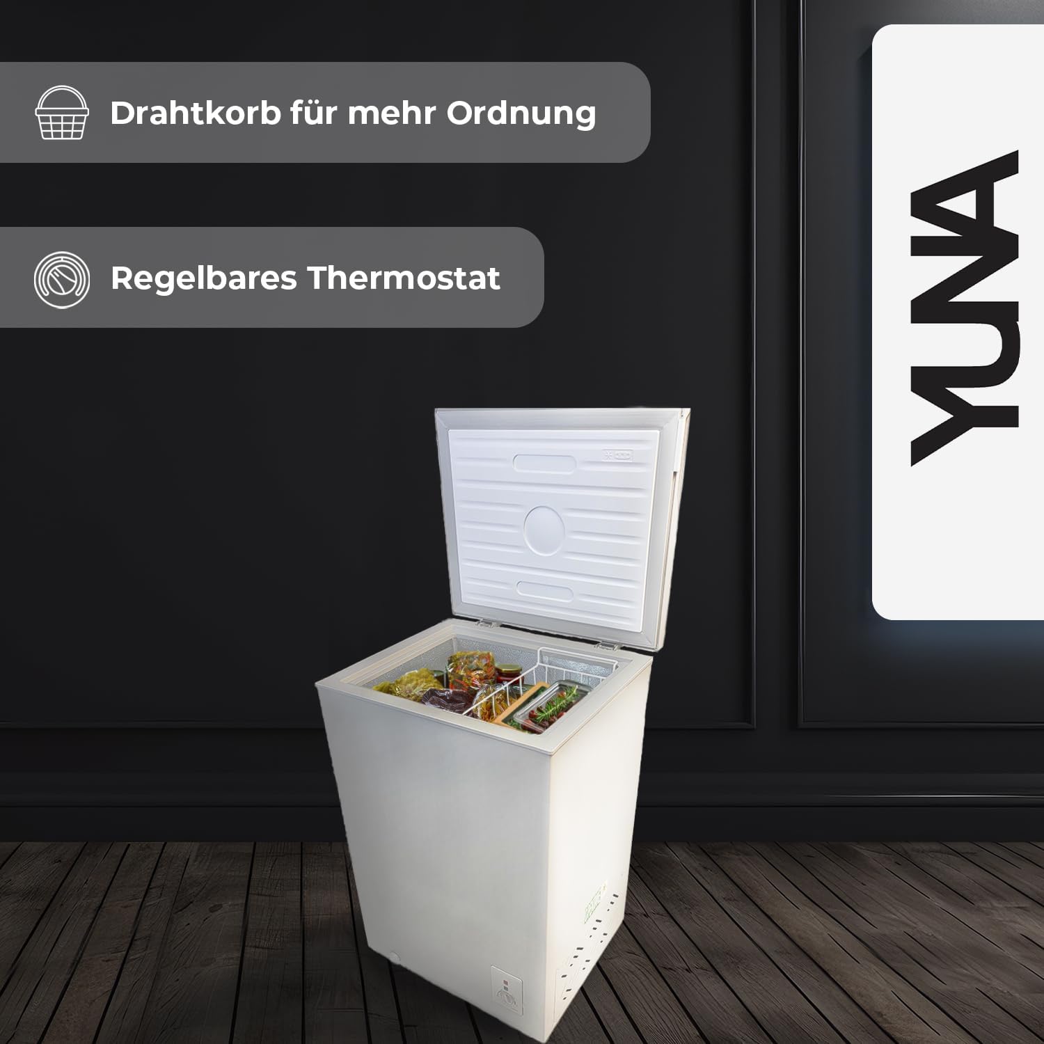 YUNA FROSTER 100 Gefriertruhe | DUAL Modus | mit Drahtkorb | Kühlen und Gefrieren | 4 Sterne Gefrierfach (weiß)