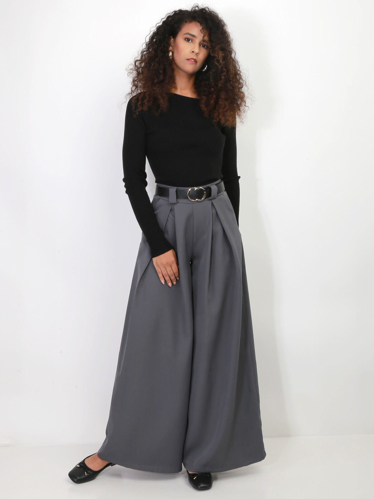 Pantalon à pinces large avec ceinture- Gris foncé