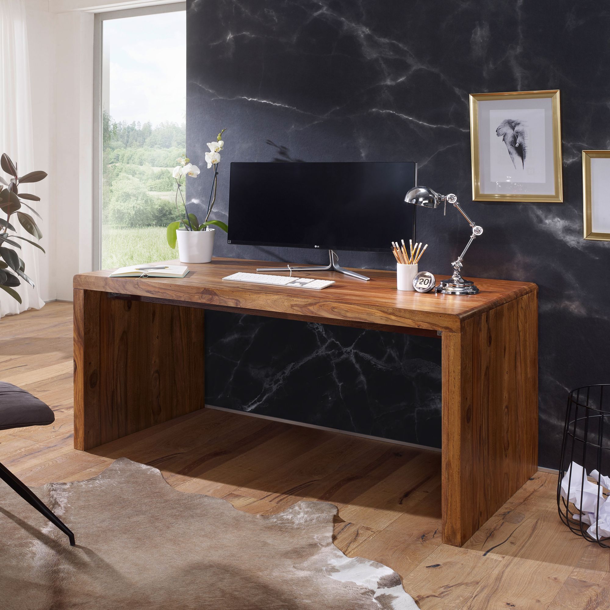 KADIMA DESIGN Schreibtisch TEKO: Massivholz Sheesham, 160x80 cm, Stauraum, abgerundete Ecken, stabil.