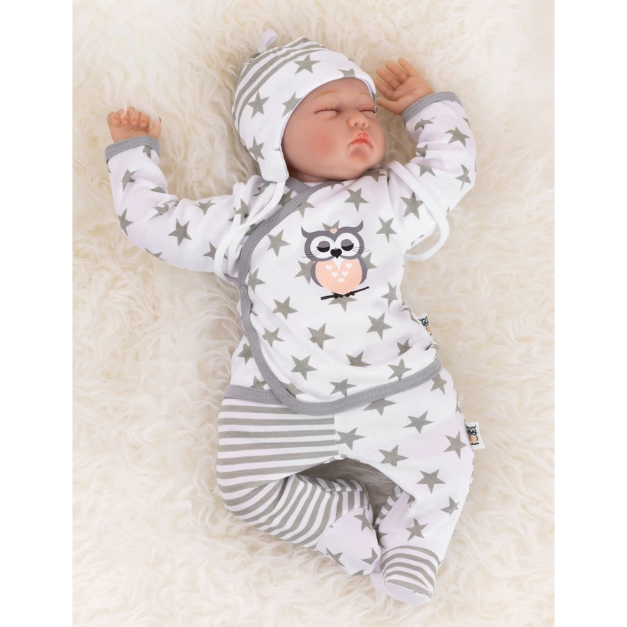 Baby Sweets 3tlg Set Shirt + Hose + Mütze Eule & Sterne weiß grau