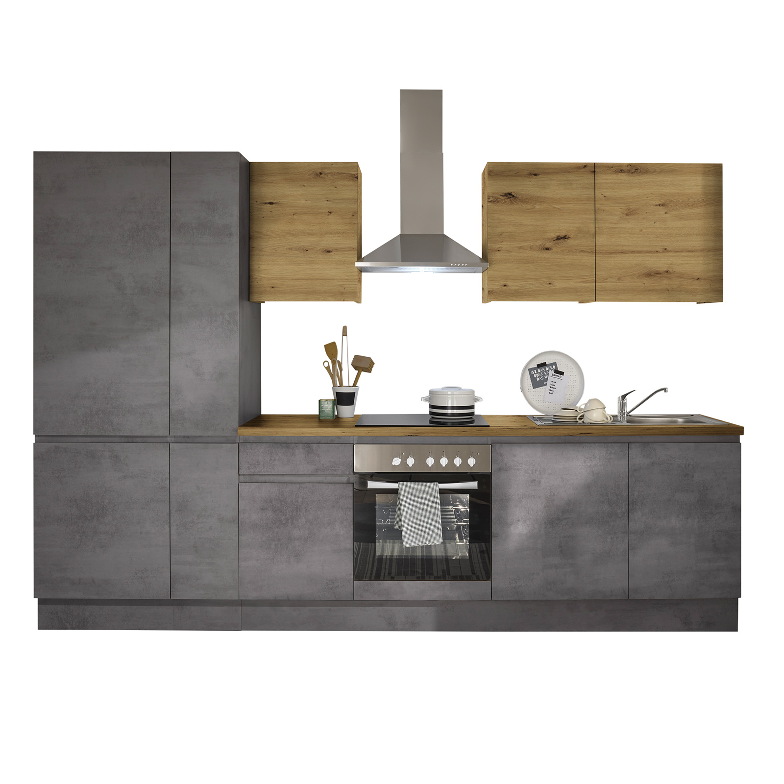 Küchenblock - Chromix anthrazit - Artisan Eiche - mit E-Geräten - 310 cm