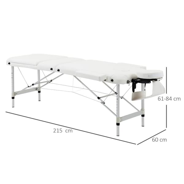 Sammenleggbart massasjebord, høydejusterbart med pute for salong og spa, plast og aluminium, hvit, 215 x 60 x 61-84 cm