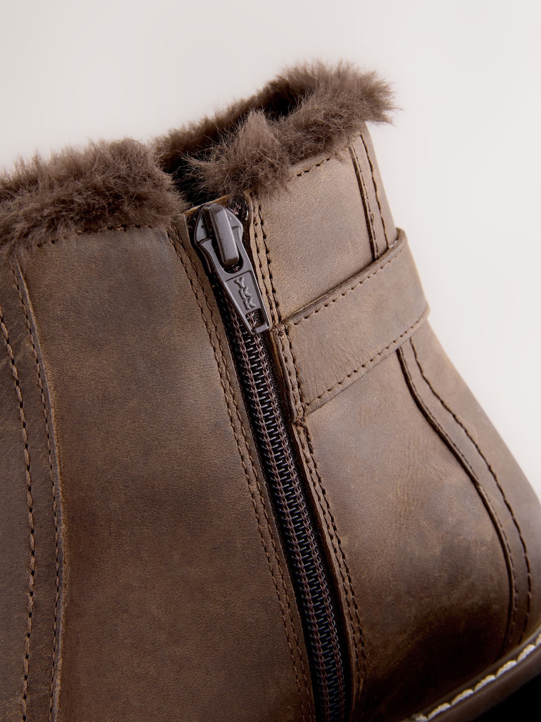 Chocolate Brown Oiled Leather - Forever Comfort® Faux Fur Lined Buckle Trim Ankle Boots