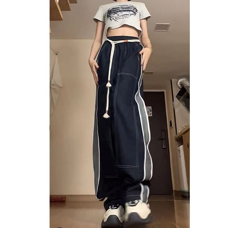 wingsira - High Rise Contrast Trim Wide Leg Jeans