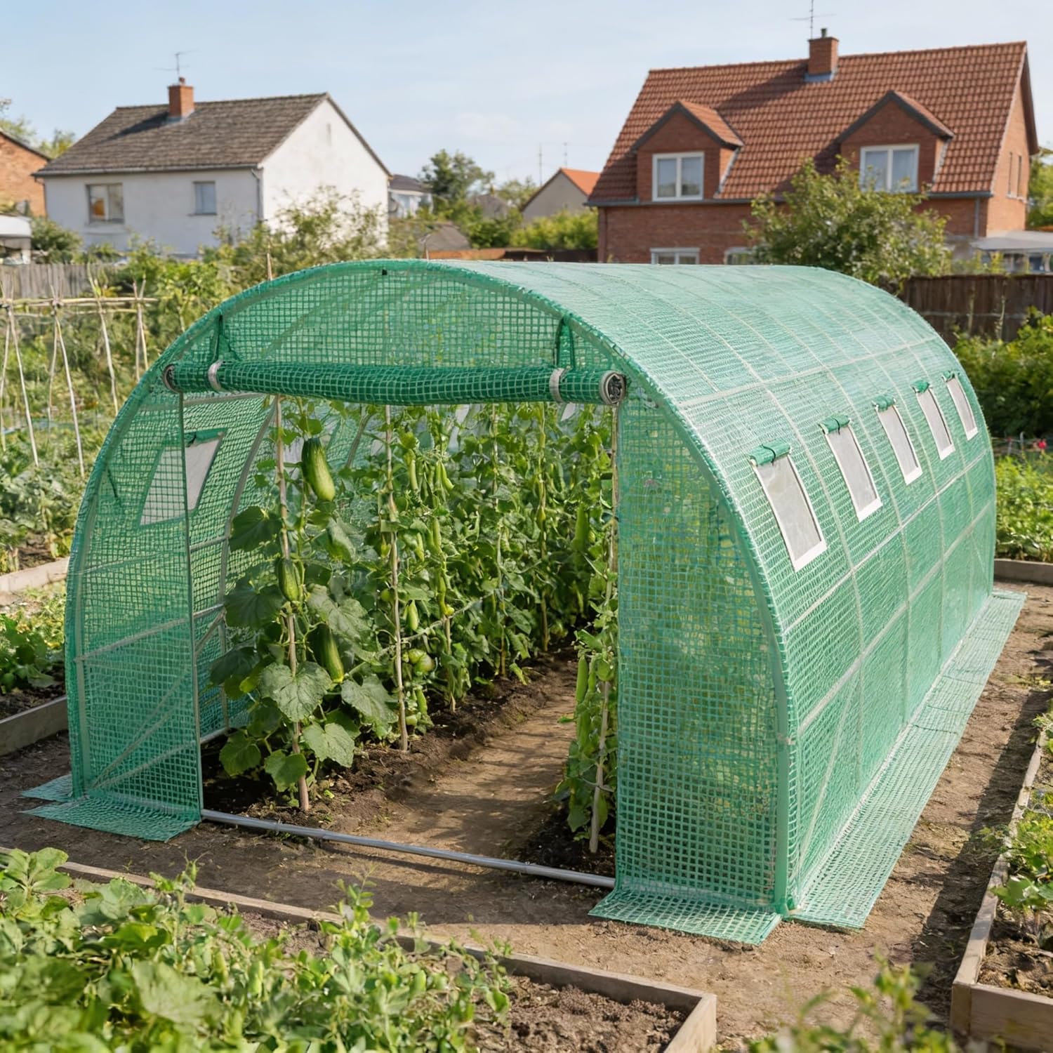 3x6x2m Gartengewächshäuser mit Tür & Aufrollbare Fenster Foliengewächshaus mit Stahlfundament aus verzinktem Stahl Tomatenhaus Winterfest Folienzelt Treibhaus Pflanztunnel UV-Schutz für Gemüse