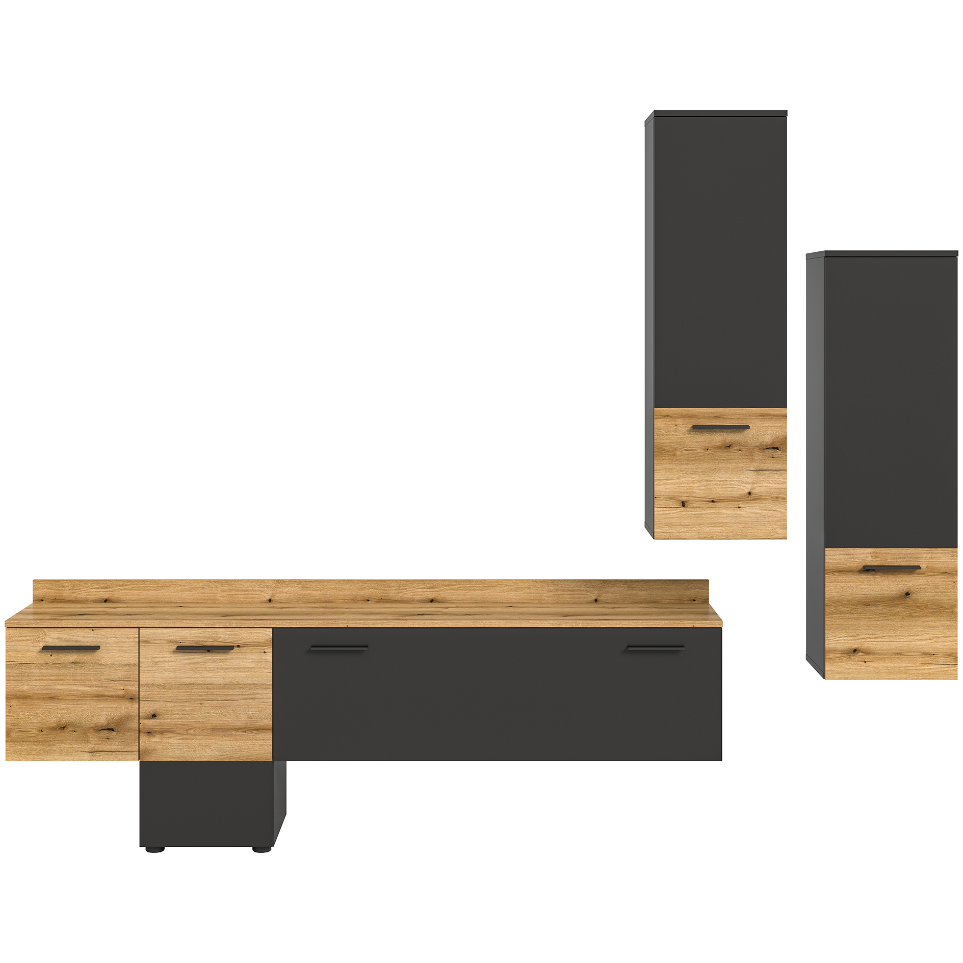 3-teiliges Wohnwand-Set GOAL - grau - Evoke Oak - LED-Beleuchtung