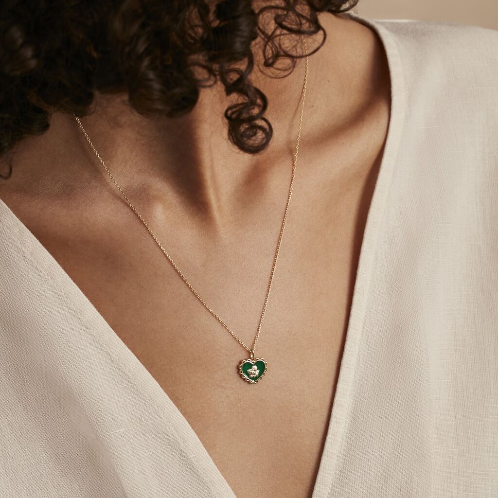 Collier Argent Dore Ange Cœur Plein Email Vert