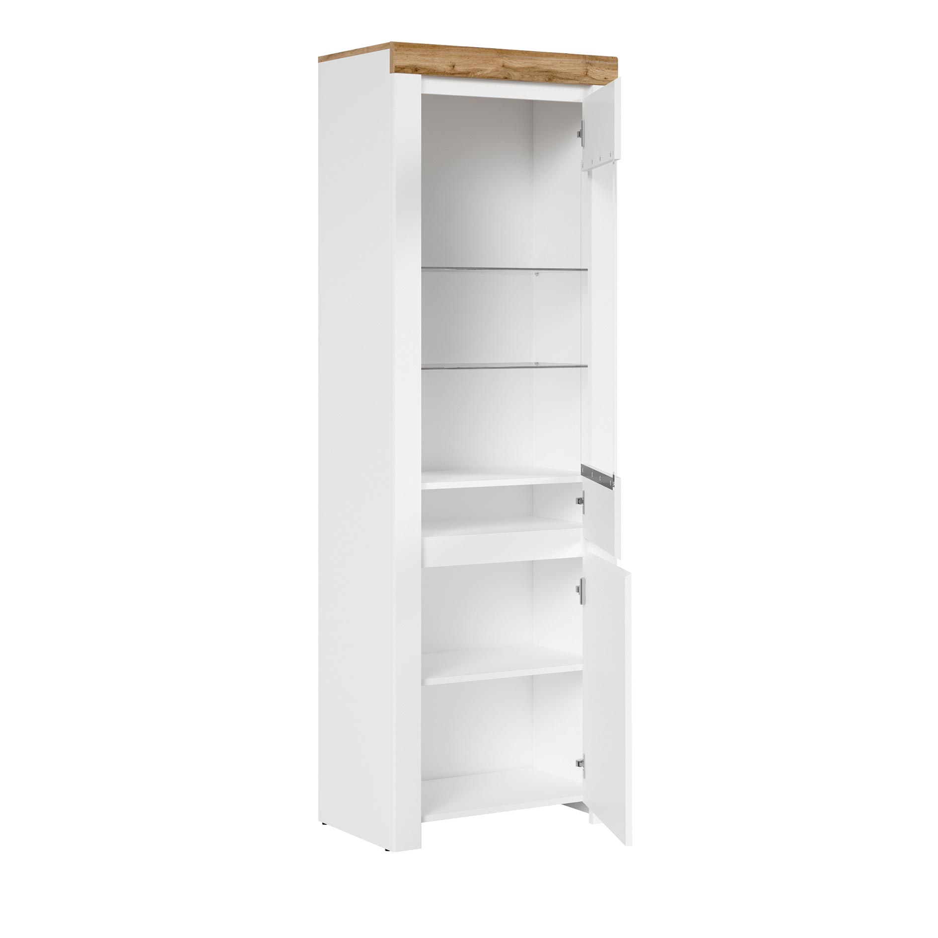 Standvitrine - weiß Hochglanz-Wotan Eiche - 204 cm hoch