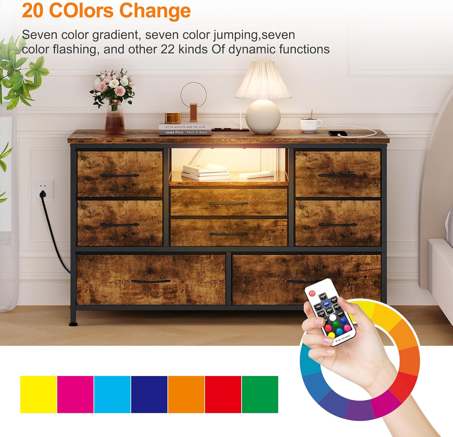 TV-Schrank mit Steckdosen, Kommode mit 8 Schubladen, 2 AC-Steckdosen & 2 USB-Anschlüssen, breiter Fernsehtisch für Wohnzimmer und Schlafzimmer（Tigerstreifen）