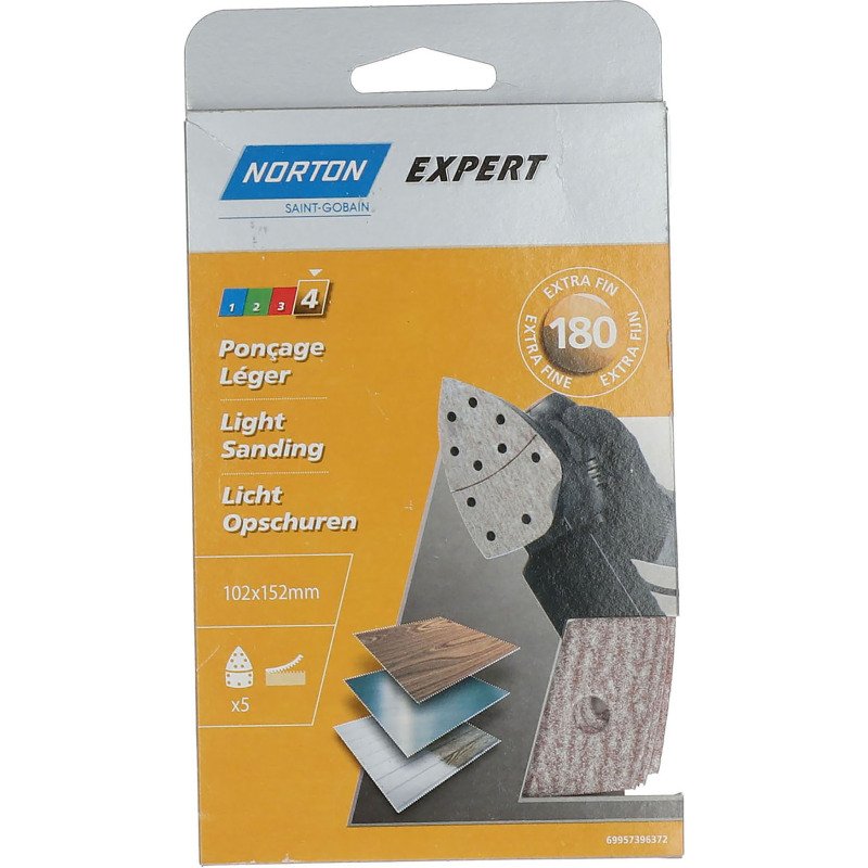 Patin auto-agrippant Norton multi-usages 102 x 152 mm - Grain 180 - Lot de 5