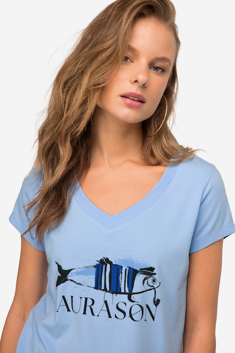 T-Shirt, Fisch Motiv, V-Ausschnitt, Halbarm