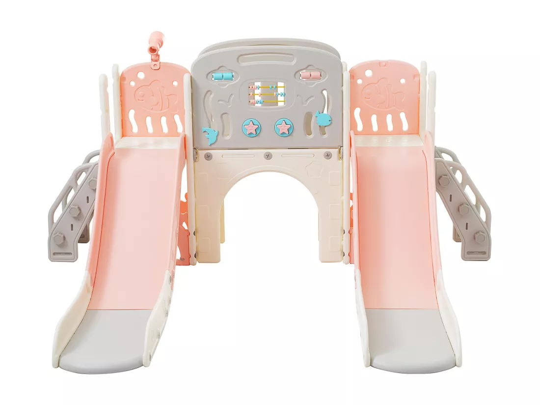 Ensemble aire de jeux pour enfants 8 en 1 - 197 x 167 x 98cm - en matériel HDPE - avec tunnel arqué et escalade - Rose