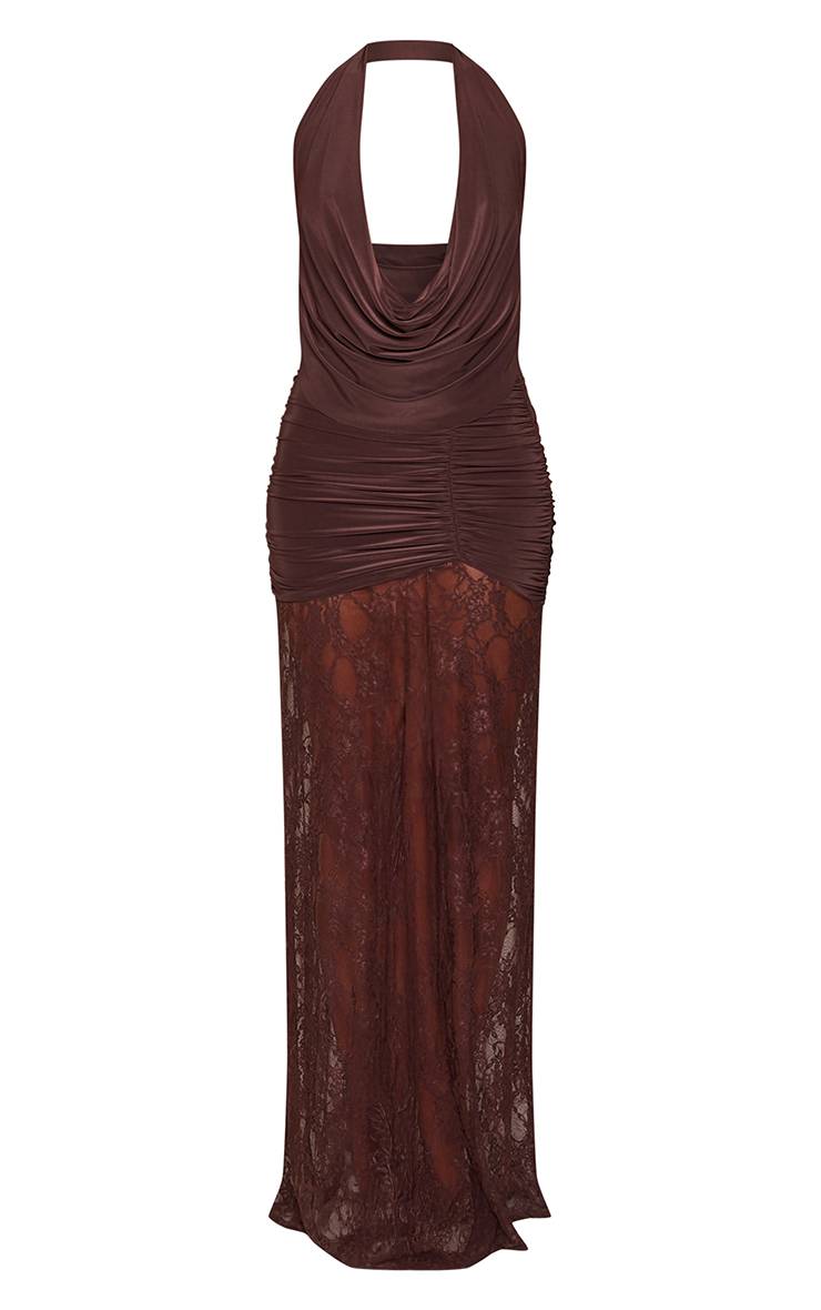Chocolat Robe Maxi Tall À Col Bénitier Et Dentelle Fluide