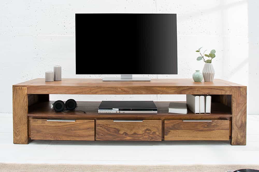 Massives TV-Board MAKASSAR 170cm braun Sheesham stone finish Lowboard drei Schubladen