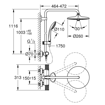 Grohe regendoucheset Quickfix Vitalio Joy 310 met handdouche en thermostaatkraan 3 standen chroom