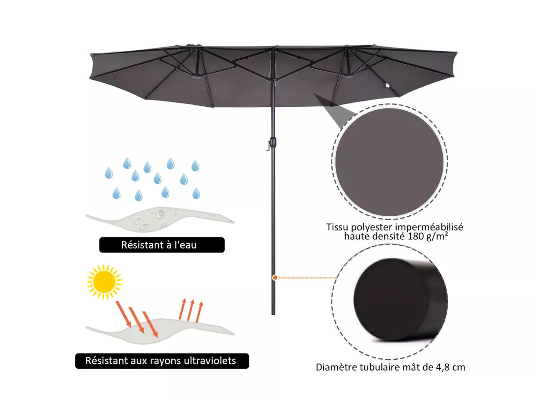 Parasol de jardin XXL parasol grande taille 4,6L x 2,7l x 2,4H m ouverture fermeture manivelle acier polyester haute densité gris