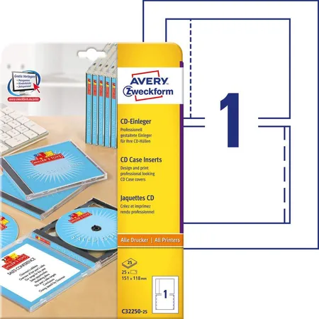 Avery Zweckform C32250-25 CD-Einleger,A4 151 x 118 mm, 25 Bogen/25 Stück, weiß