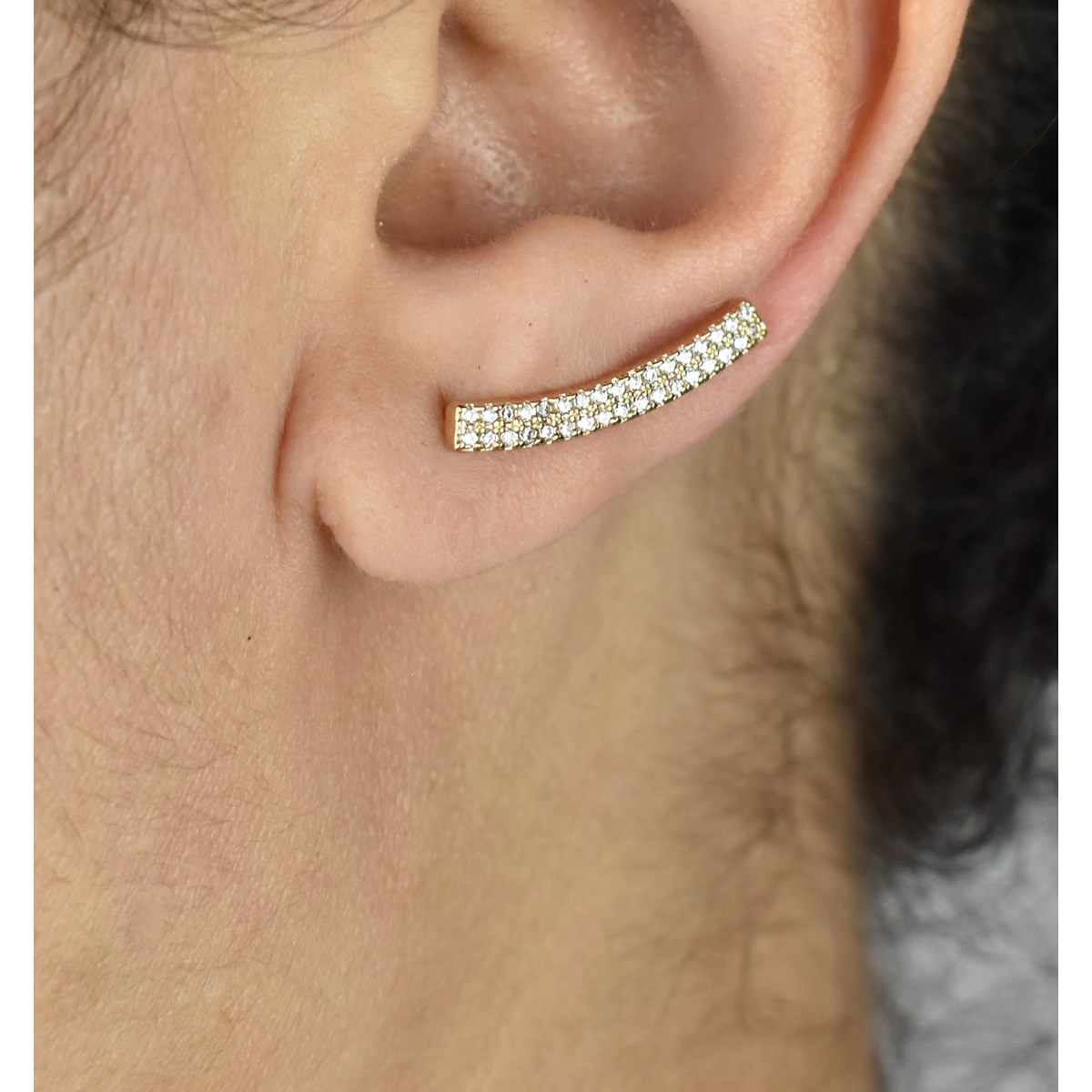 Boucles d'oreilles grimpantes barre 2 rangs contour de lobe serti d'oxydes de zirconium Plaqué OR 750 3 microns