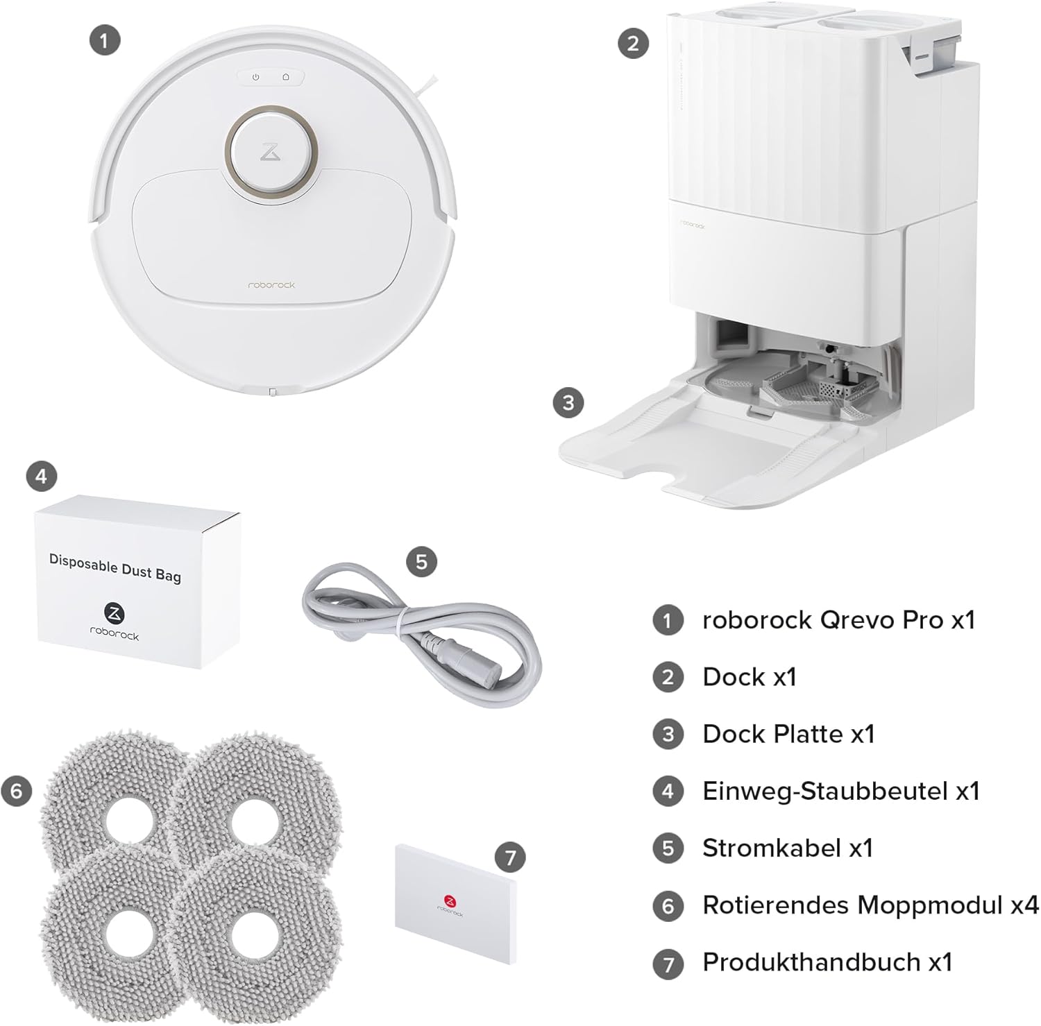 roborock Qrevo Pro Set Saugroboter mit Wischfunktion&Hebarem Wischmopp, 7000Pa, FlexiArm Design™ Kantenreinigung, 60 °C Heißwasser-Moppwäsche, zusätzlich 2 Wischmops, Roboterstaubsauger-Set(Weiß)