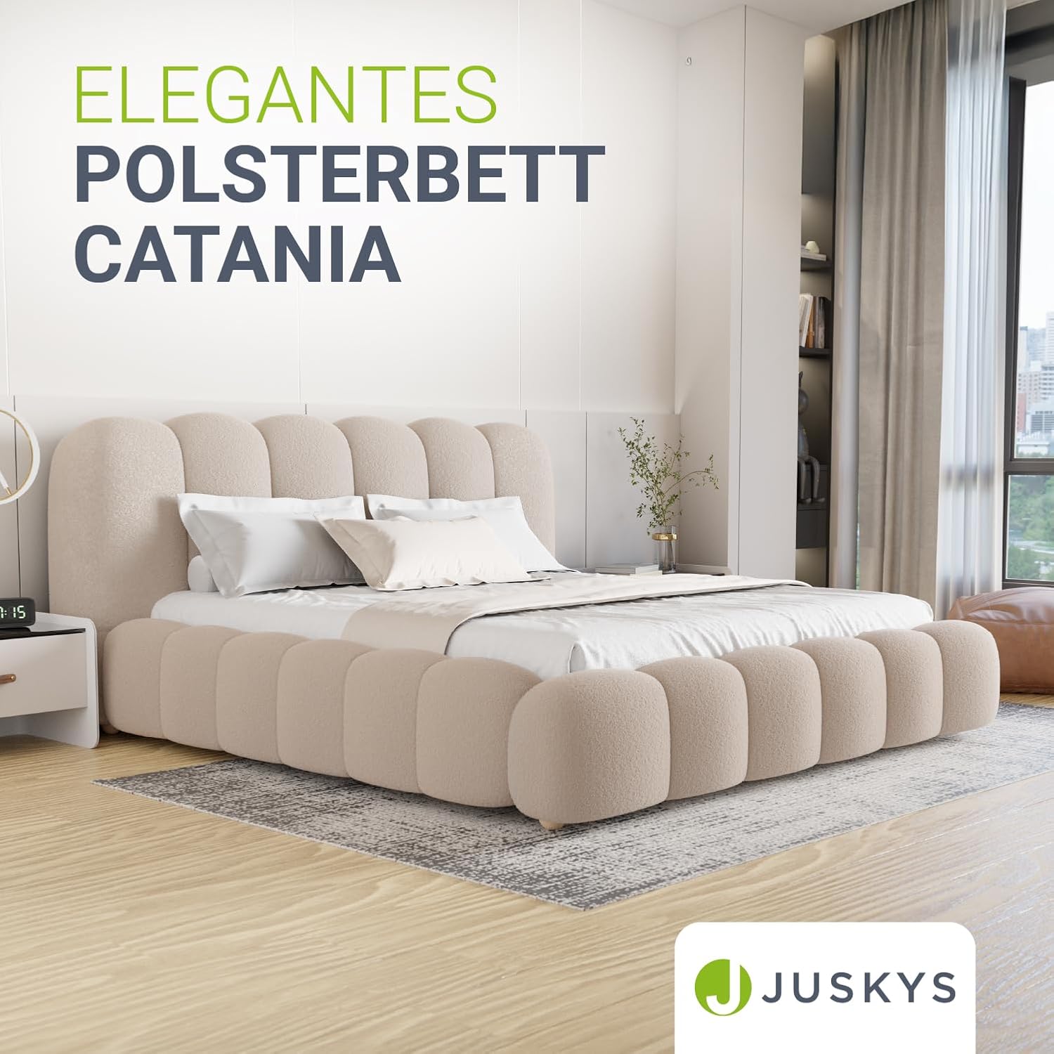 Juskys Polsterbett Catania - Modernes Bubble Design, gepolstertes Kopfteil, stabile Kontruktion- 180 x 200 cm - Beige