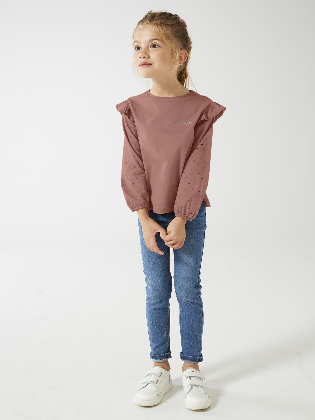 Conjunto de camiseta de manga comprida com babados para meninas