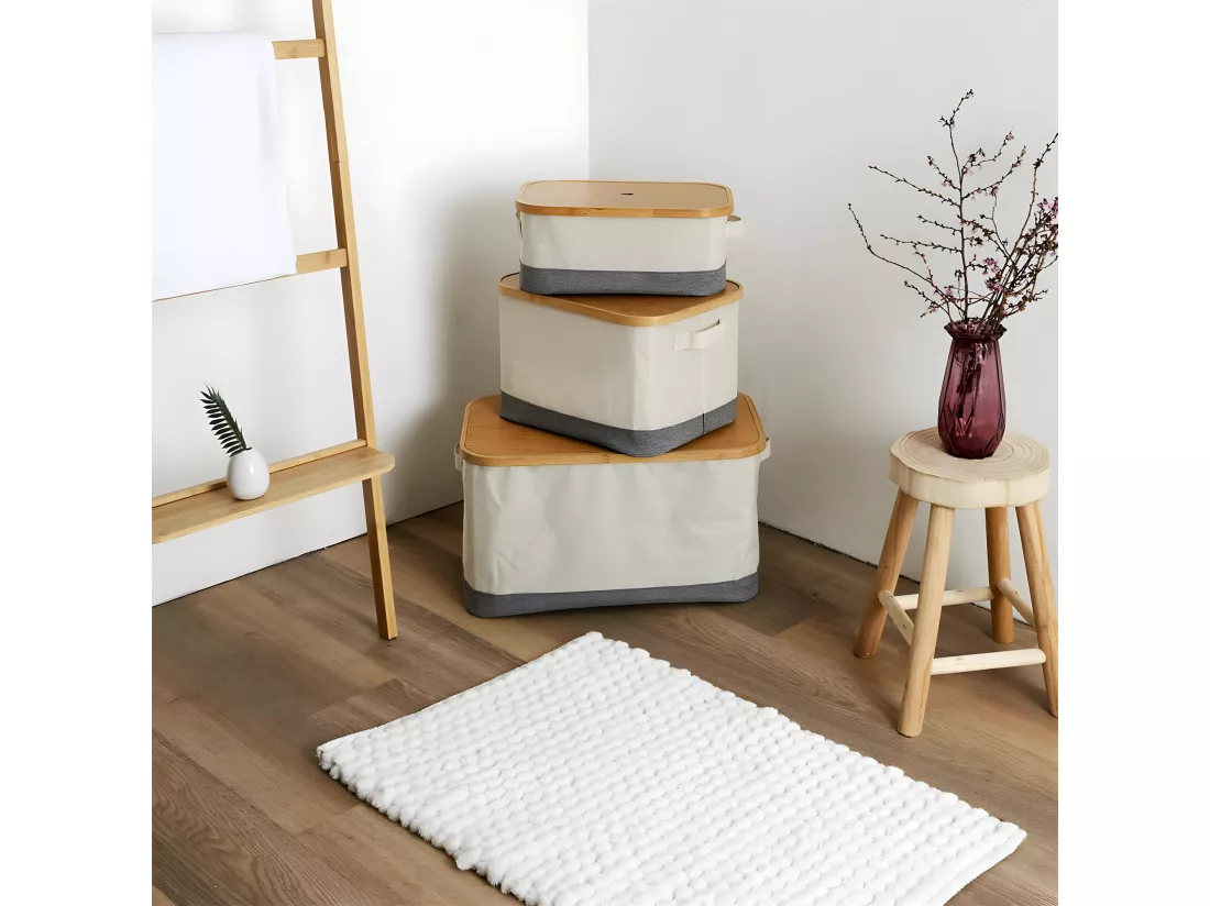 LAZEN - Lot de 3 Panières Bambou avec Couvercle Tissu Blanc et Gris