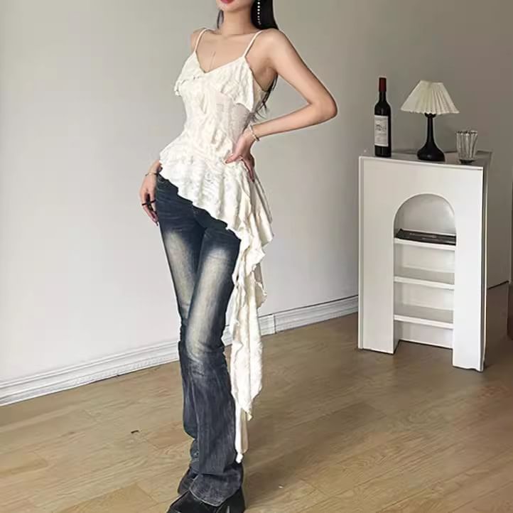 Bolgivy - V-hals, effen, asymmetrisch, geplooid, versleten, slim fit cami-top