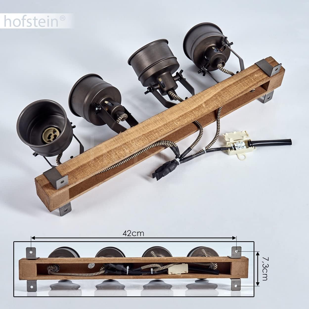 Deckenleuchte Pehefito, Deckenlampe im Vintage-Design aus Metall/Holz in Schwarz/Braun, Retro-Leuchte mit Holzbalken und verstellbaren Strahlern, 4-flammig, 4 x GU10-Fassung, ohne Leuchtmittel