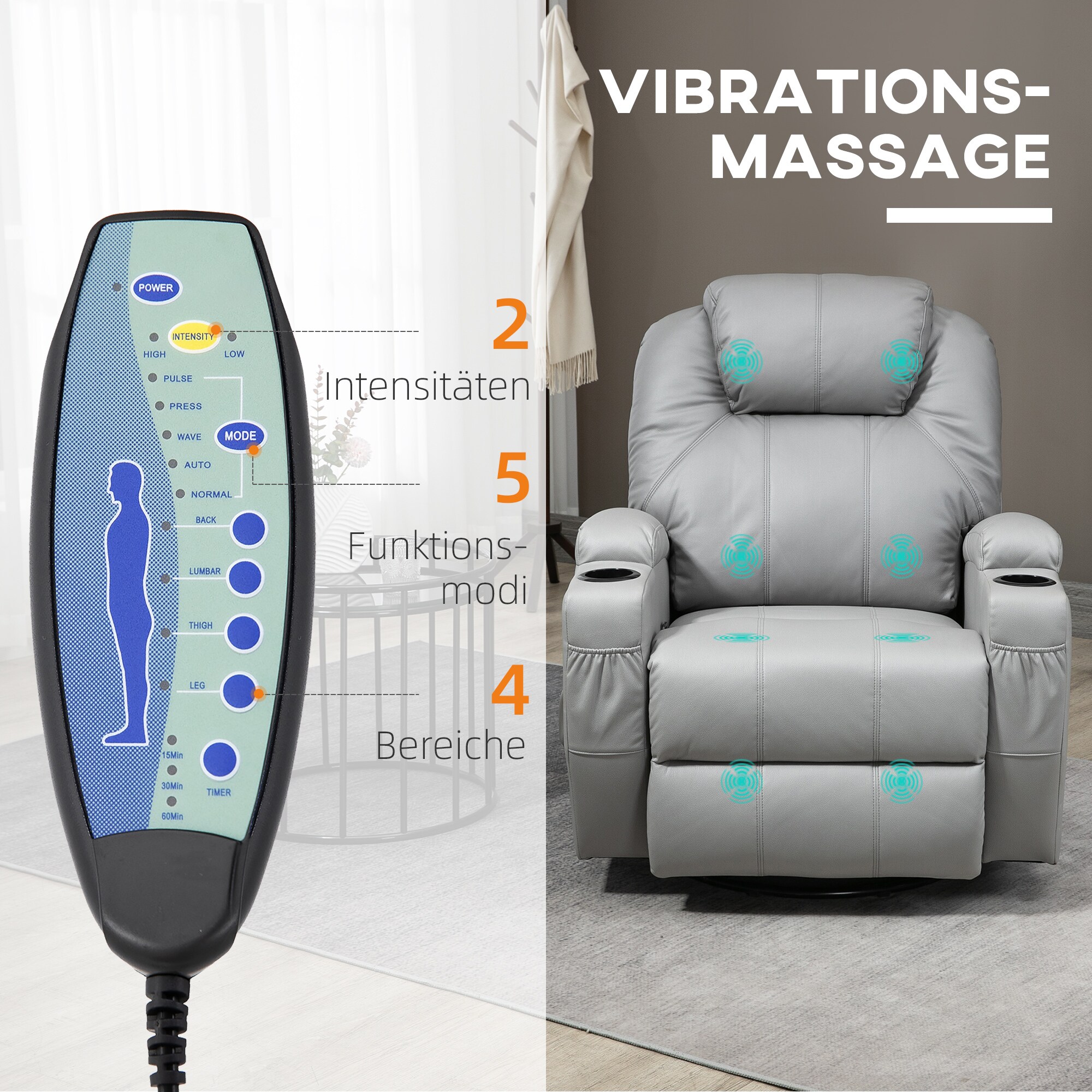 HOMCOM Massagesessel mit Fernbedienung und Getränkehalter grau 89L x 99B x 106H cm