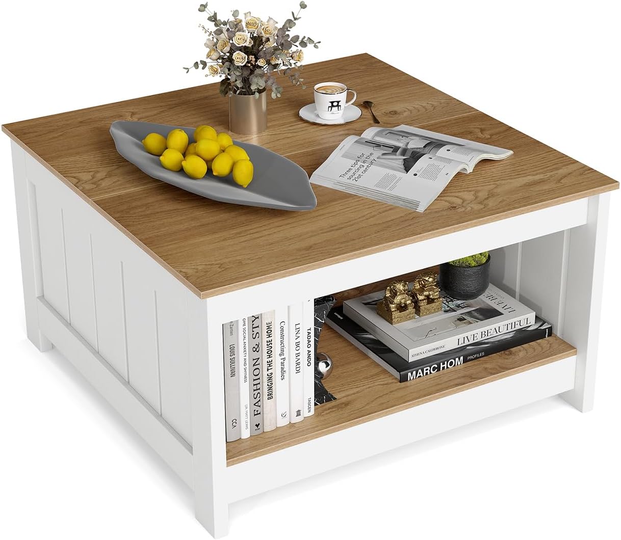 GIANTEX Couchtisch Holz, Wohnzimmertisch 2 Ebenen mit Stauraum, Tisch Wohnzimmer Sofatisch Landhausstil, Kaffeetisch quadratischer Beistelltisch, 80 x 80 x 45 cm für Wohnzimmer Büro