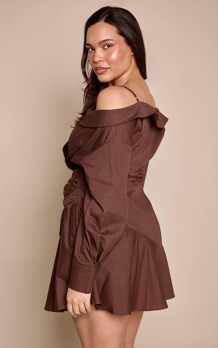 Chocolat Robe Chemise Asymétrique Grande Taille À Épaules Dénudées